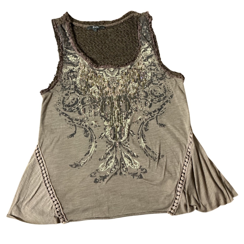 Miss Me Boho Western Tank Top Women L Brown Studded Embellished Crochet MDT778T